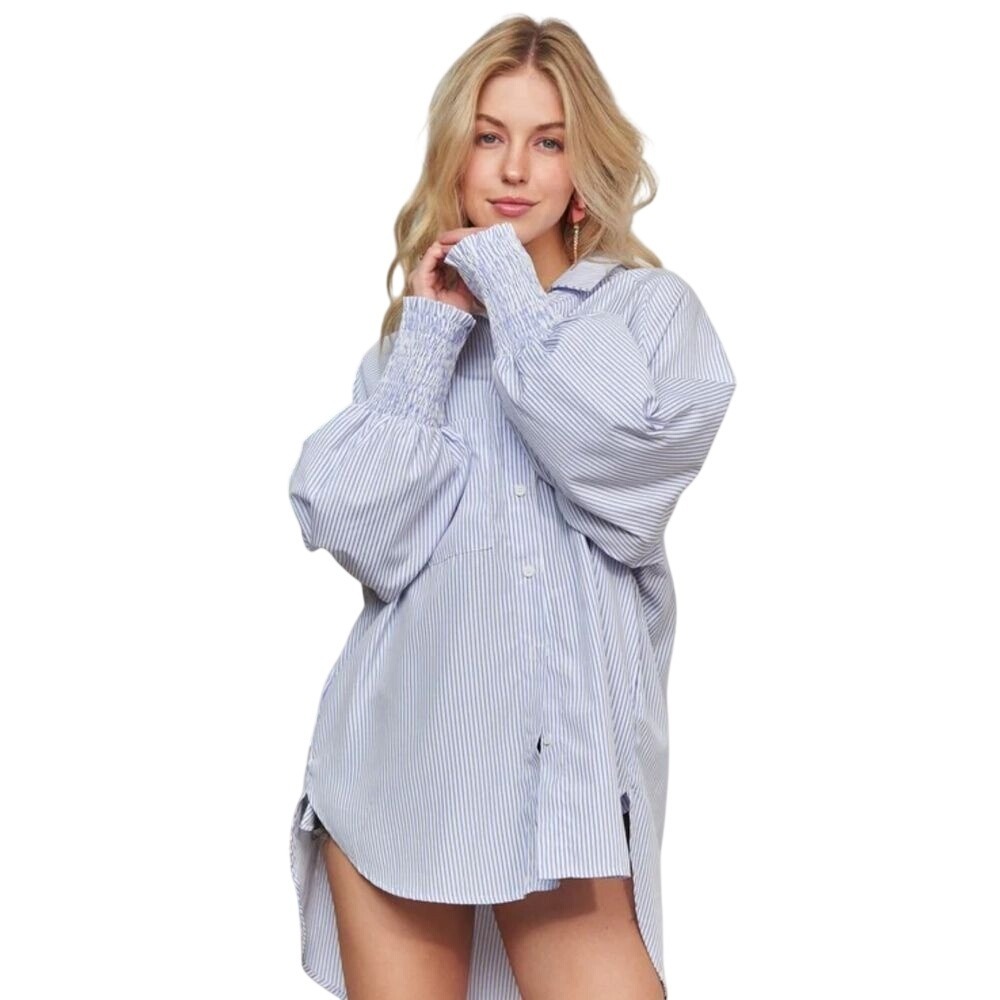 NEW Adora Oversized M Striped Shirt  Lantern Sleeves Blue White